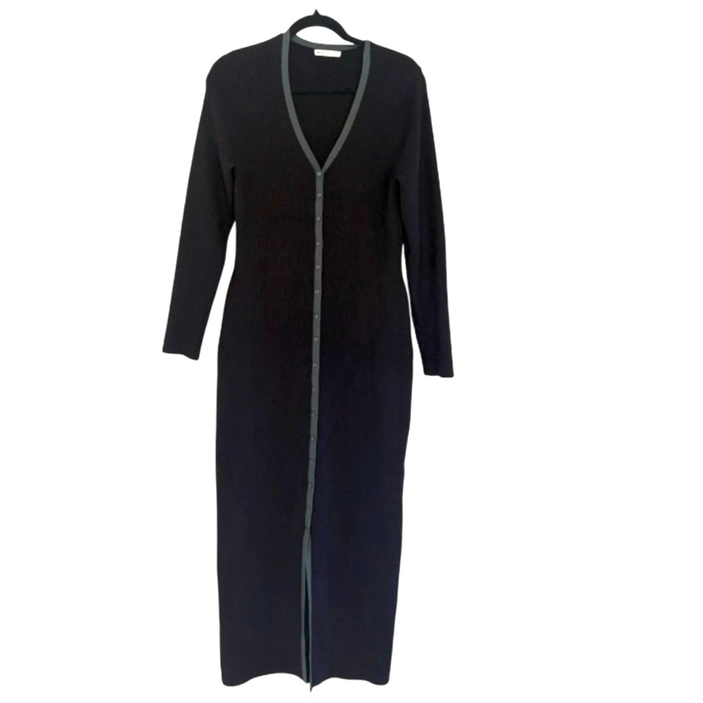 Marine Layer Lexi Rib Sweater Maxi Long Sleeve Dress Black Green Trim Large - Picture 2 of 10